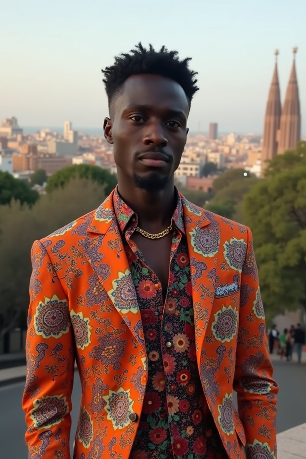 sharp and trendy man in Barcelona wearing a flamenco-inspired dress/suit, Park Güell in the background