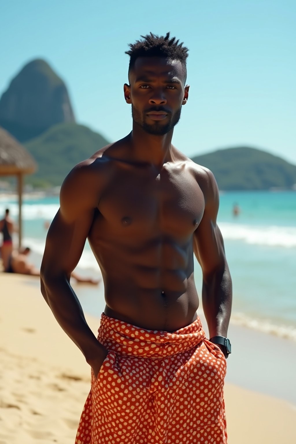 sharp and trendy man in Rio de Janeiro wearing a trendy swimsuit and sarong, Copacabana Beach in the background