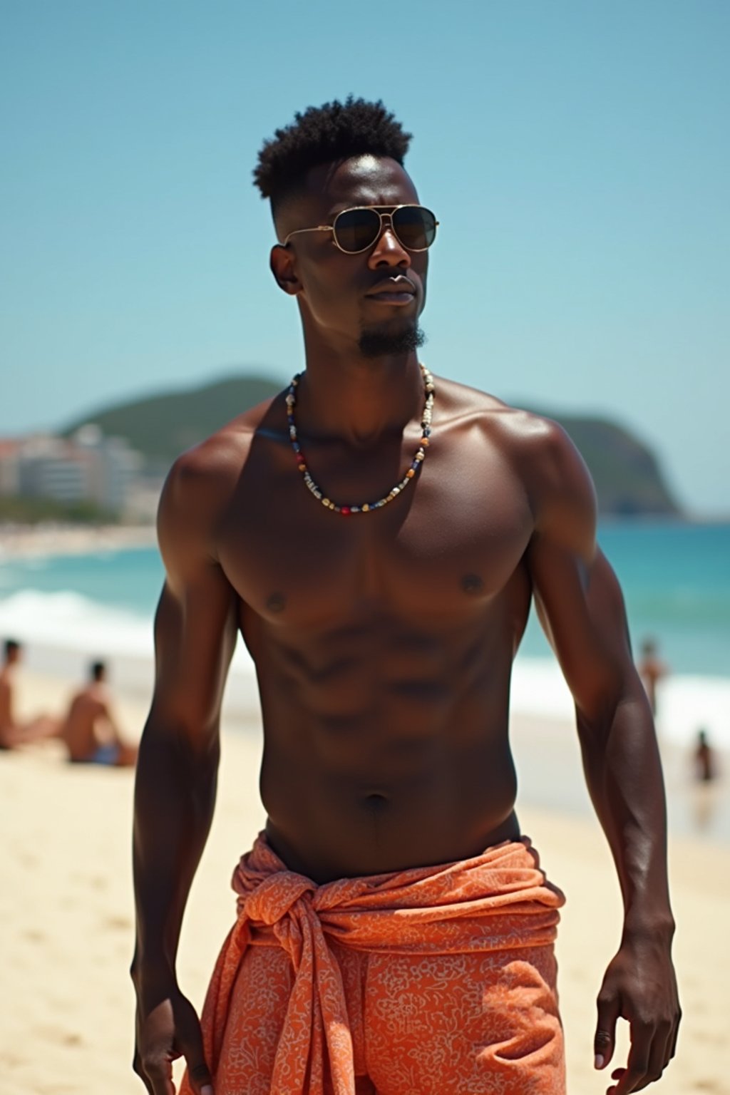 sharp and trendy man in Rio de Janeiro wearing a trendy swimsuit and sarong, Copacabana Beach in the background