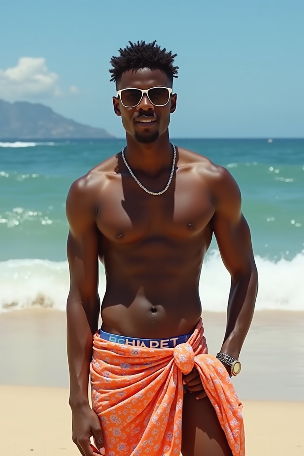 sharp and trendy man in Rio de Janeiro wearing a trendy swimsuit and sarong, Copacabana Beach in the background