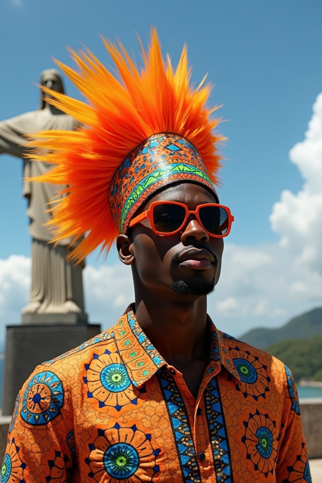 sharp and trendy man in Rio de Janeiro wearing a vibrant carnival-inspired costume, Christ the Redeemer statue in the background