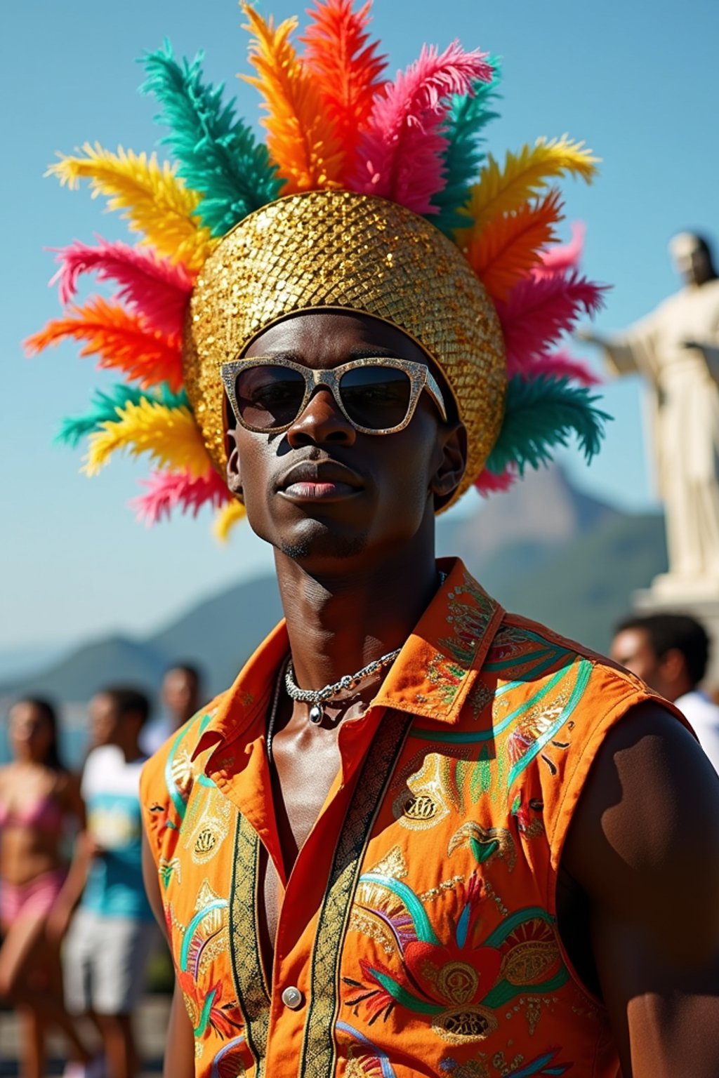 sharp and trendy man in Rio de Janeiro wearing a vibrant carnival-inspired costume, Christ the Redeemer statue in the background