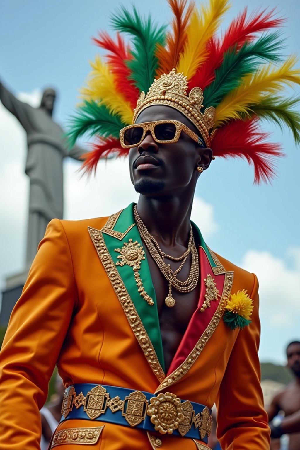 sharp and trendy man in Rio de Janeiro wearing a vibrant carnival-inspired costume, Christ the Redeemer statue in the background