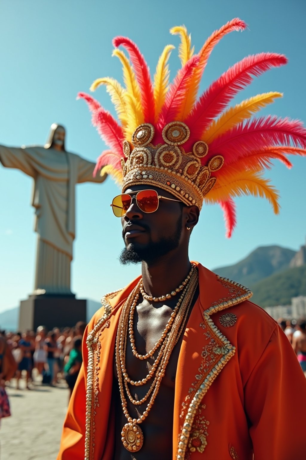 sharp and trendy man in Rio de Janeiro wearing a vibrant carnival-inspired costume, Christ the Redeemer statue in the background