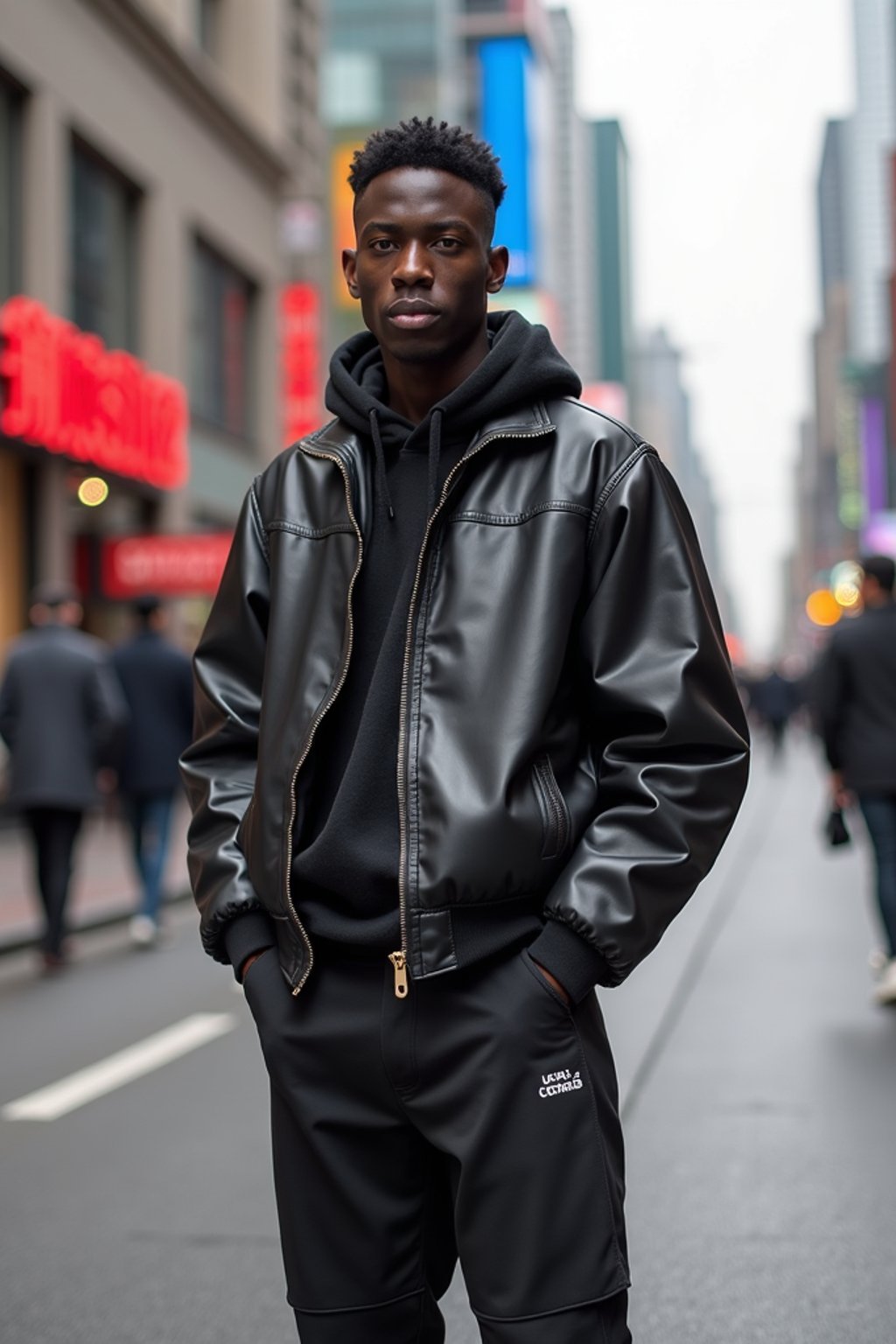 sharp and trendy man in Shanghai wearing a contemporary streetwear outfit, Nanjing Road in the background