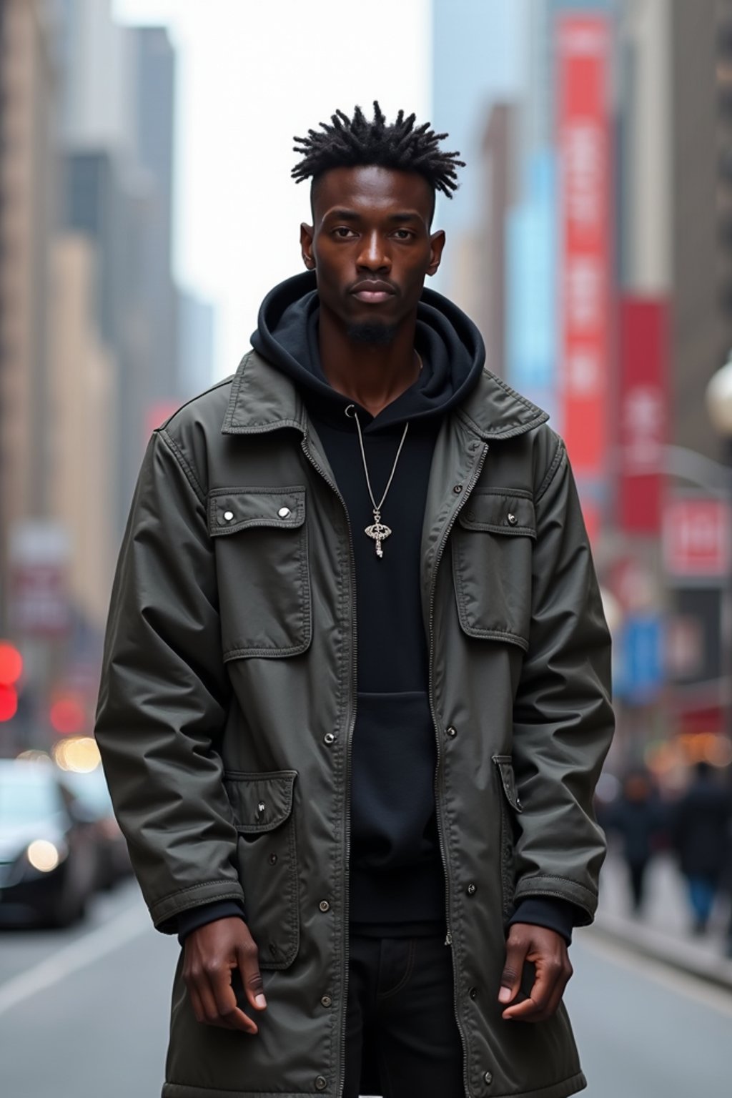 sharp and trendy man in Shanghai wearing a contemporary streetwear outfit, Nanjing Road in the background