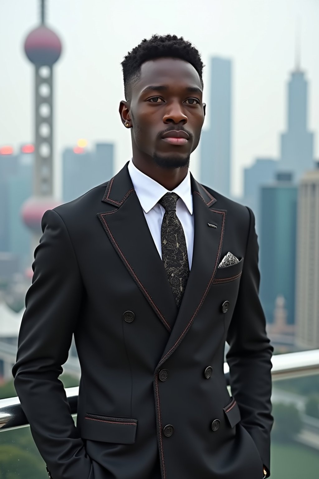 sharp and trendy man in Shanghai wearing a traditional qipao/mandarin-collar suit, modern skyline in the background