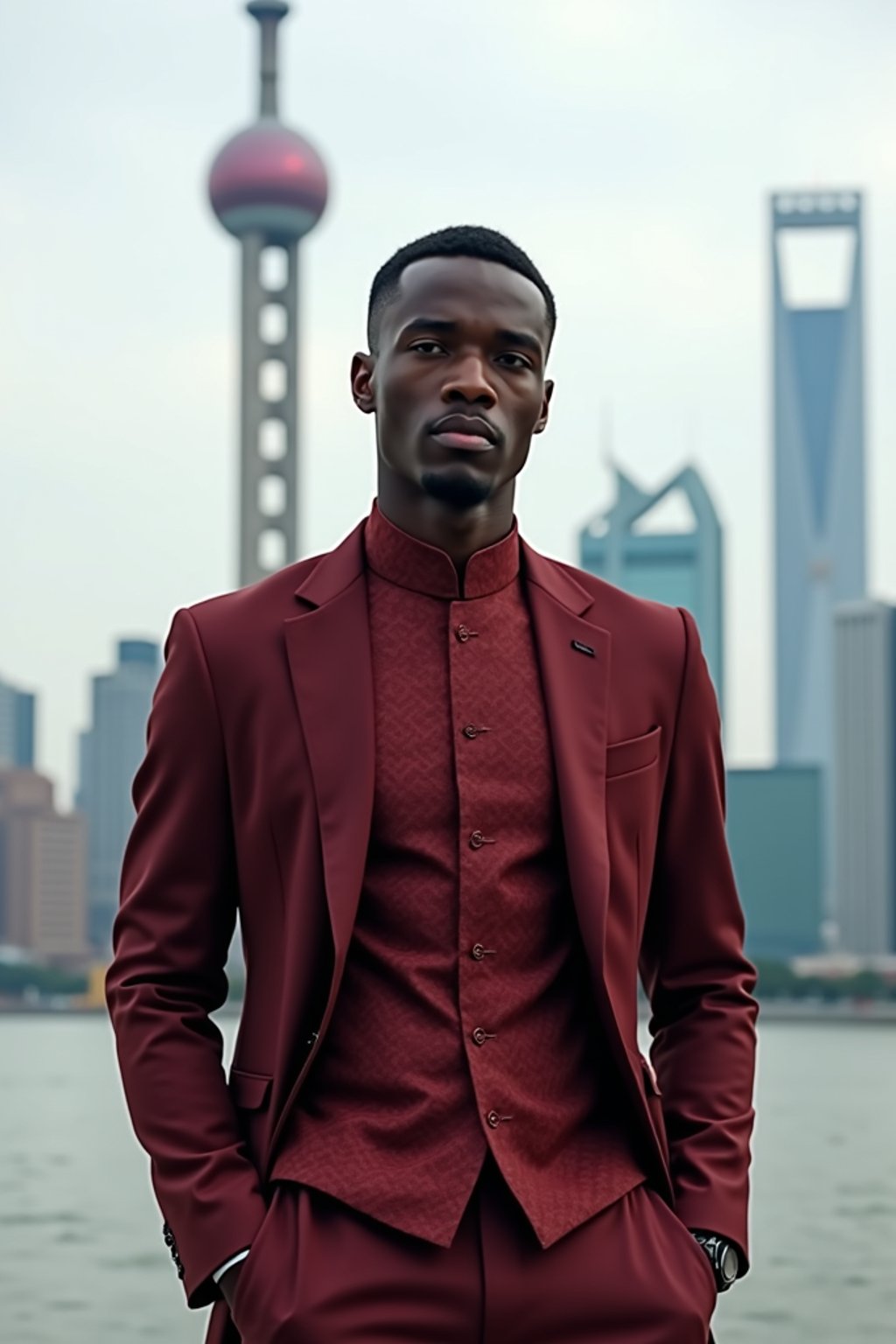 sharp and trendy man in Shanghai wearing a traditional qipao/mandarin-collar suit, modern skyline in the background