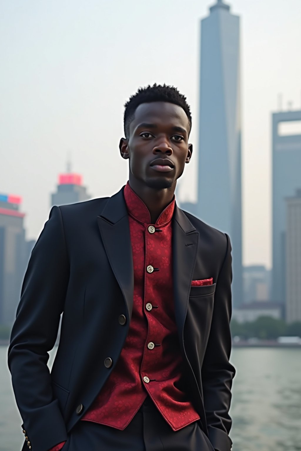 sharp and trendy man in Shanghai wearing a traditional qipao/mandarin-collar suit, modern skyline in the background