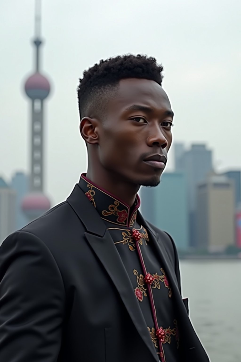 sharp and trendy man in Shanghai wearing a traditional qipao/mandarin-collar suit, modern skyline in the background