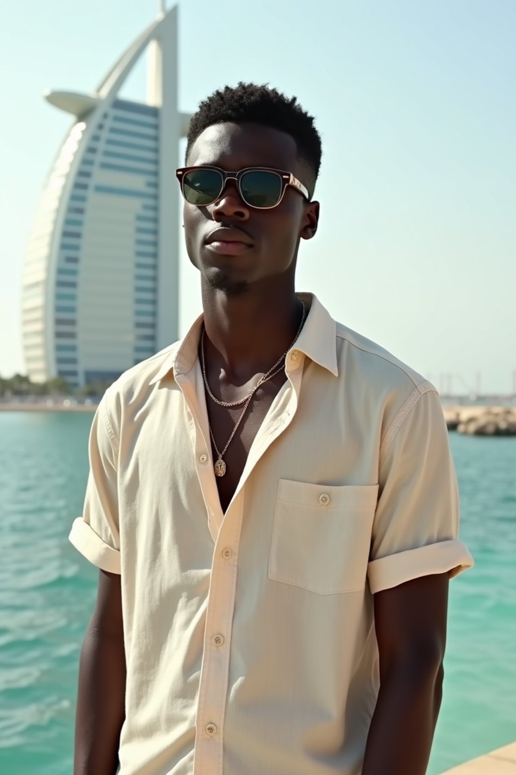 sharp and trendy man in Dubai wearing a stylish sundress/linen shirt, the Atlantis hotel in the background