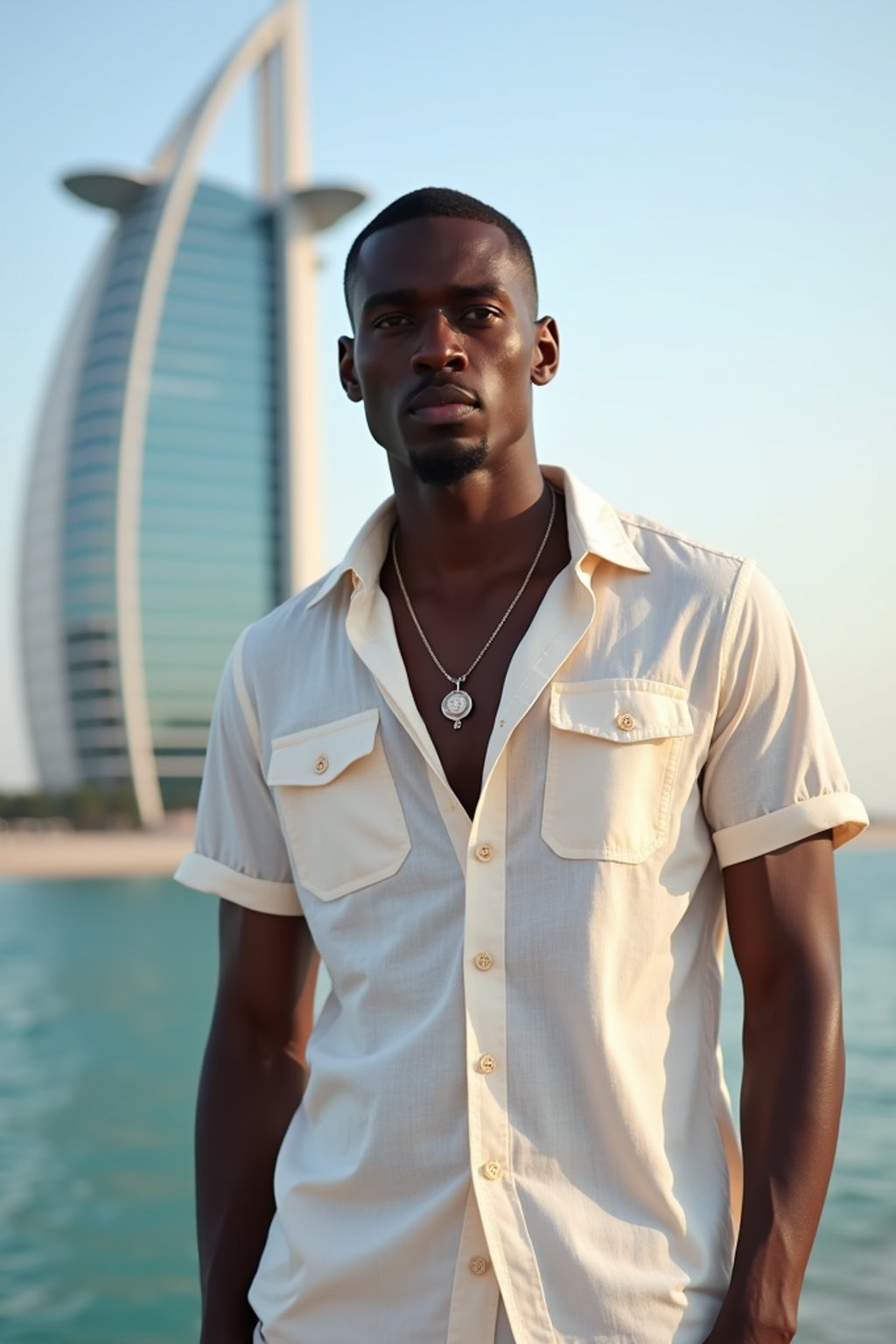 sharp and trendy man in Dubai wearing a stylish sundress/linen shirt, the Atlantis hotel in the background