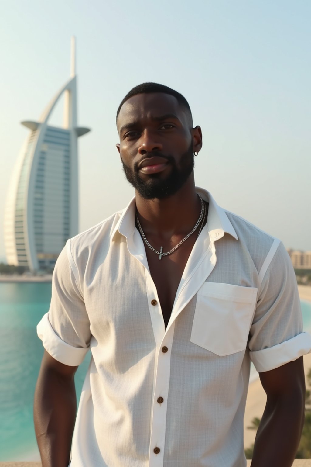 sharp and trendy man in Dubai wearing a stylish sundress/linen shirt, the Atlantis hotel in the background