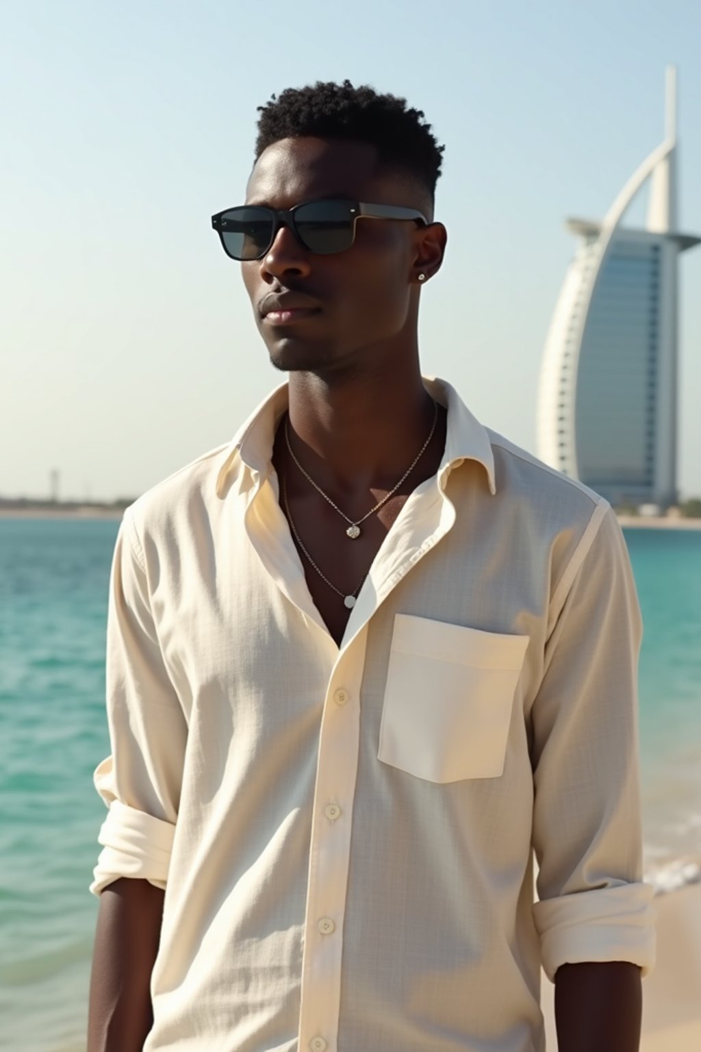 sharp and trendy man in Dubai wearing a stylish sundress/linen shirt, the Atlantis hotel in the background