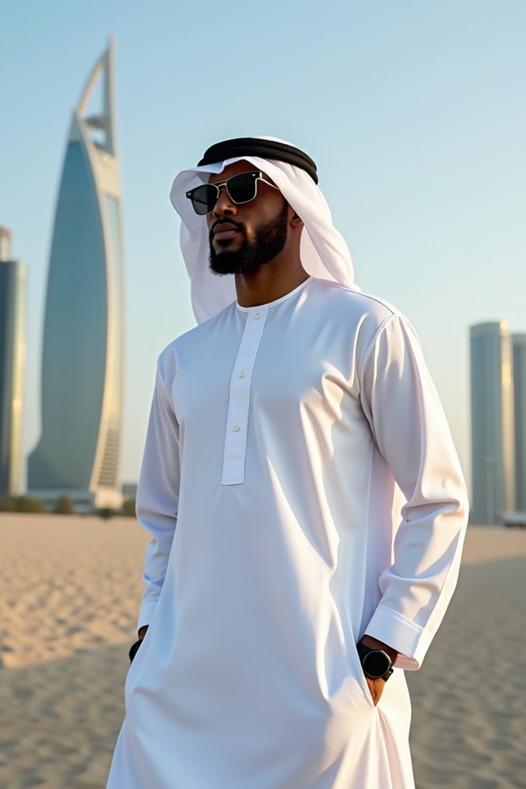 sharp and trendy man in Dubai wearing a modern, chic abaya/thobe, skyscrapers of Dubai in the background