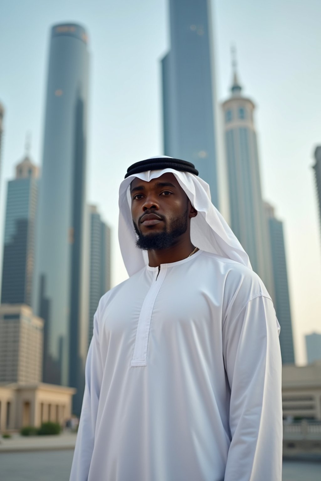 sharp and trendy man in Dubai wearing a modern, chic abaya/thobe, skyscrapers of Dubai in the background