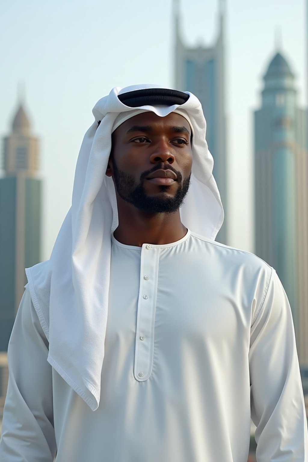 sharp and trendy man in Dubai wearing a modern, chic abaya/thobe, skyscrapers of Dubai in the background