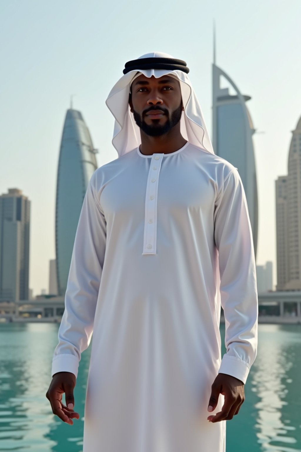 sharp and trendy man in Dubai wearing a modern, chic abaya/thobe, skyscrapers of Dubai in the background