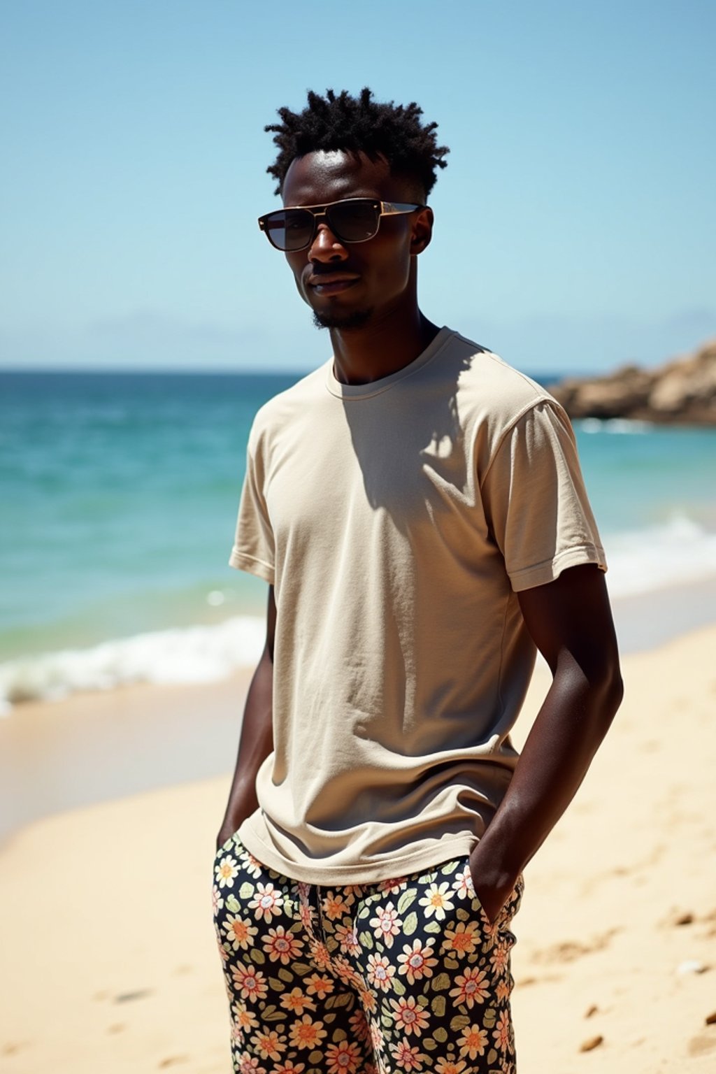 sharp and trendy man in Sydney wearing a summer dress/shorts and t-shirt, Bondi Beach in the background