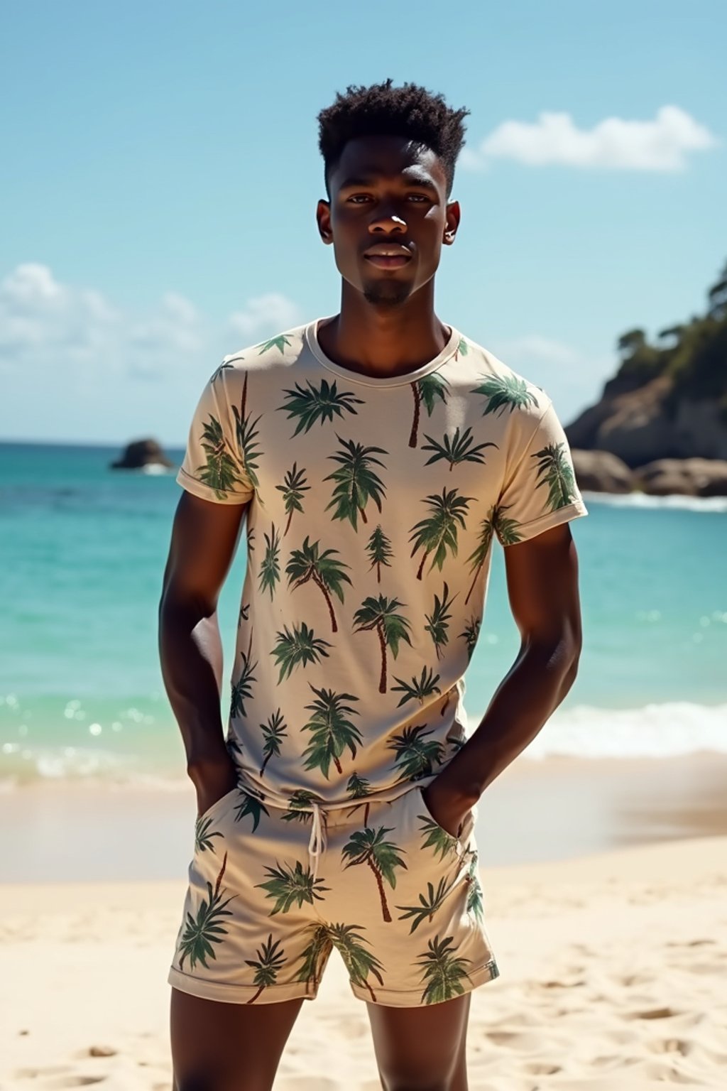 sharp and trendy man in Sydney wearing a summer dress/shorts and t-shirt, Bondi Beach in the background