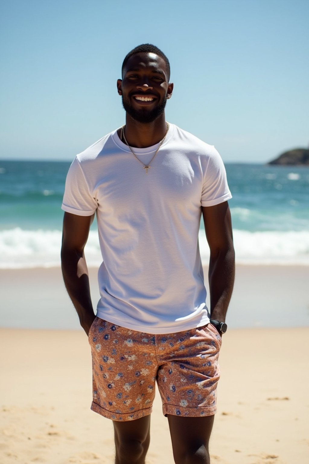 sharp and trendy man in Sydney wearing a summer dress/shorts and t-shirt, Bondi Beach in the background