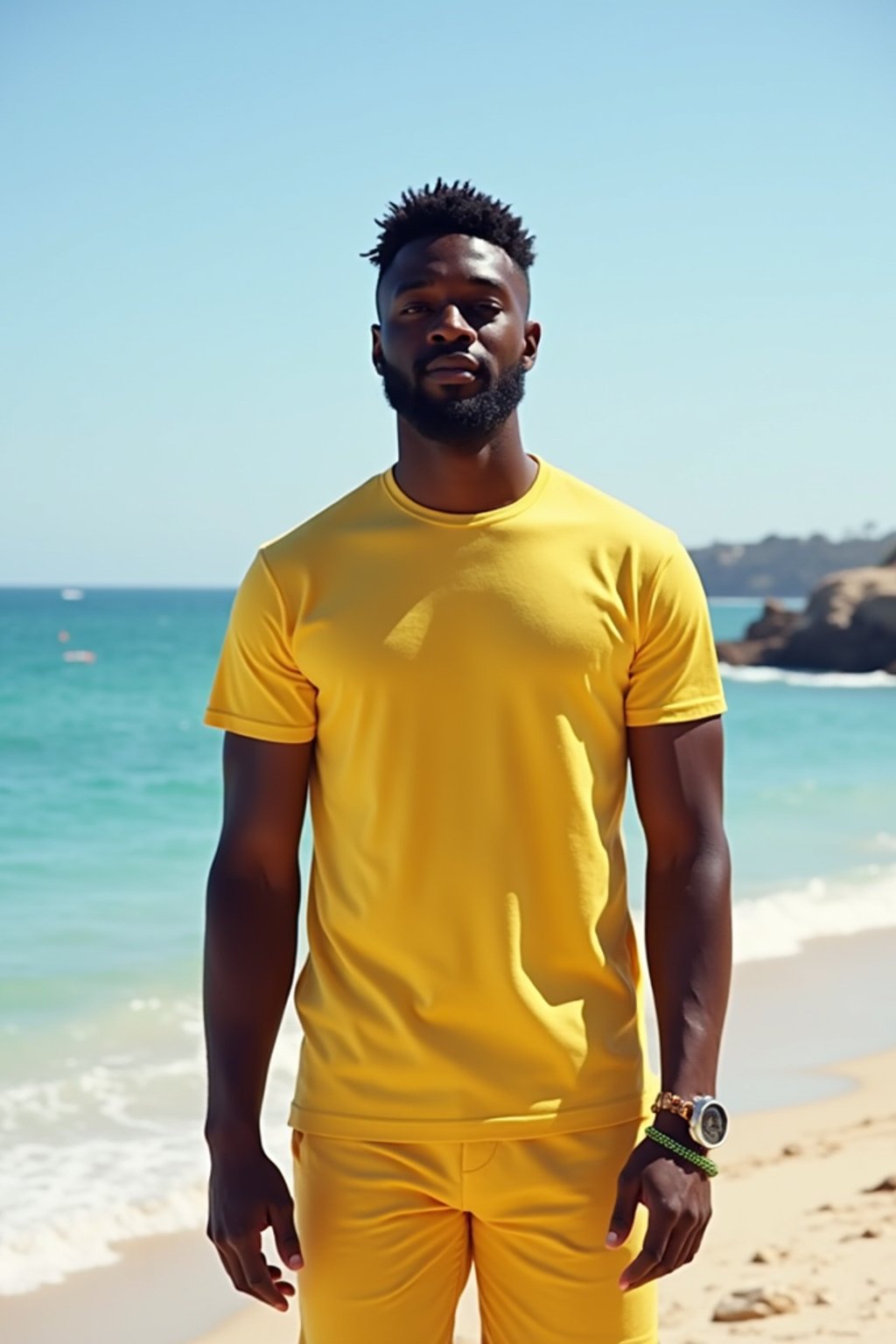 sharp and trendy man in Sydney wearing a summer dress/shorts and t-shirt, Bondi Beach in the background