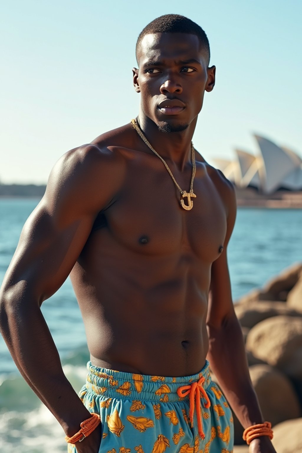 sharp and trendy man in Sydney wearing a surf-inspired outfit, Sydney Opera House in the background