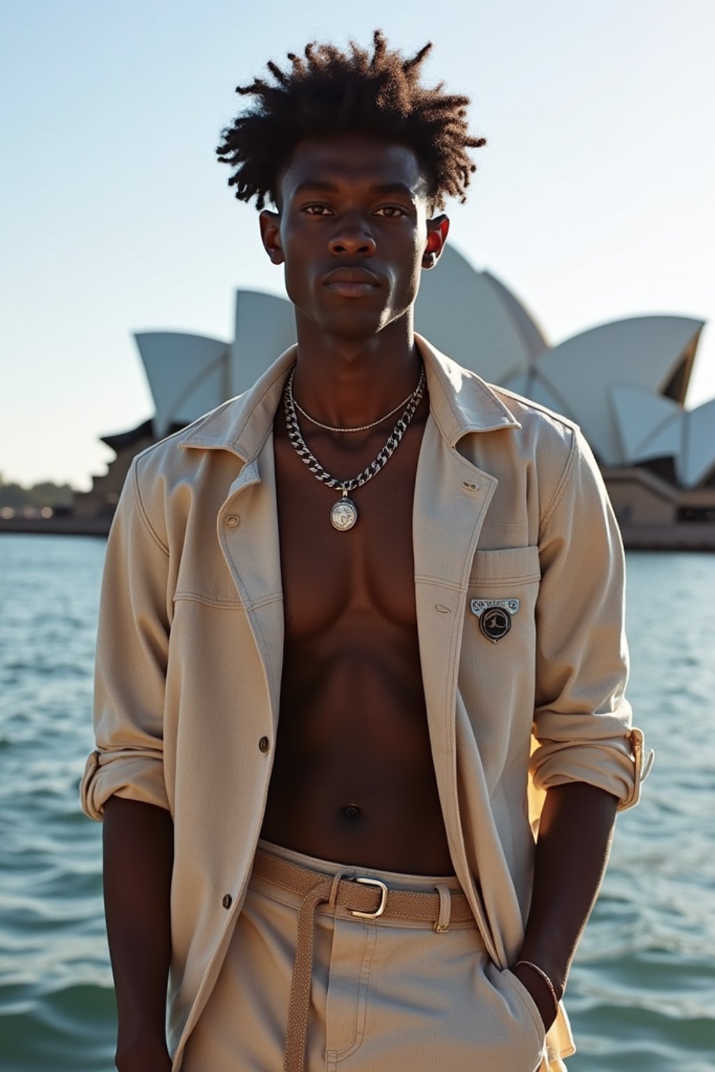 sharp and trendy man in Sydney wearing a surf-inspired outfit, Sydney Opera House in the background