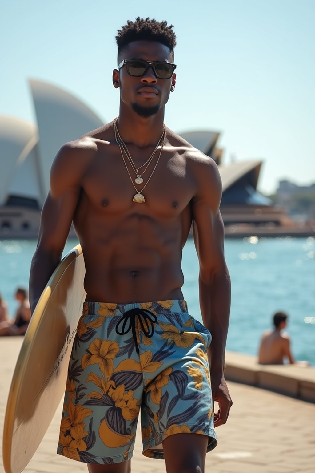 sharp and trendy man in Sydney wearing a surf-inspired outfit, Sydney Opera House in the background