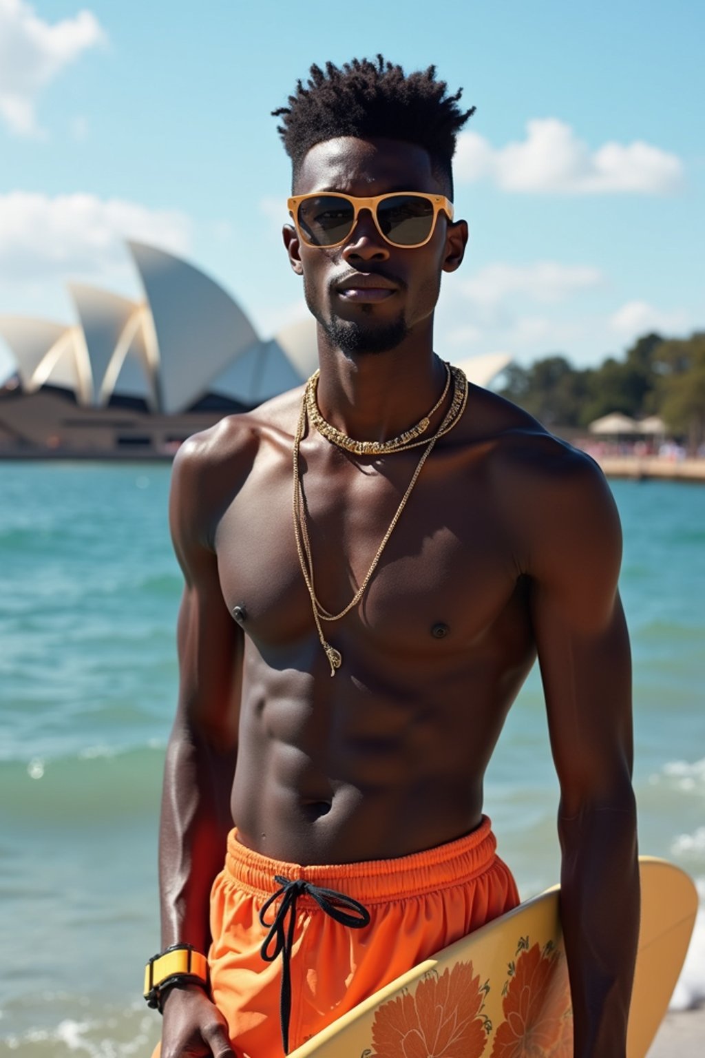 sharp and trendy man in Sydney wearing a surf-inspired outfit, Sydney Opera House in the background