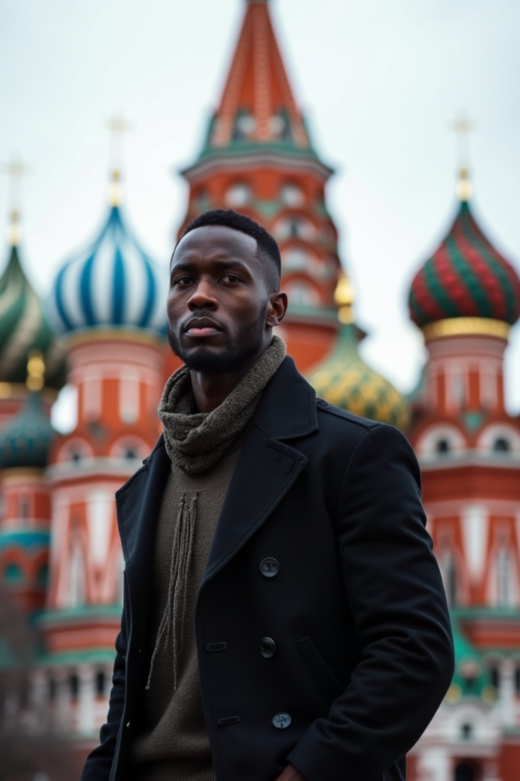 sharp and trendy man in Moscow wearing a stylish coat and scarf, Saint Basil's Cathedral in the background