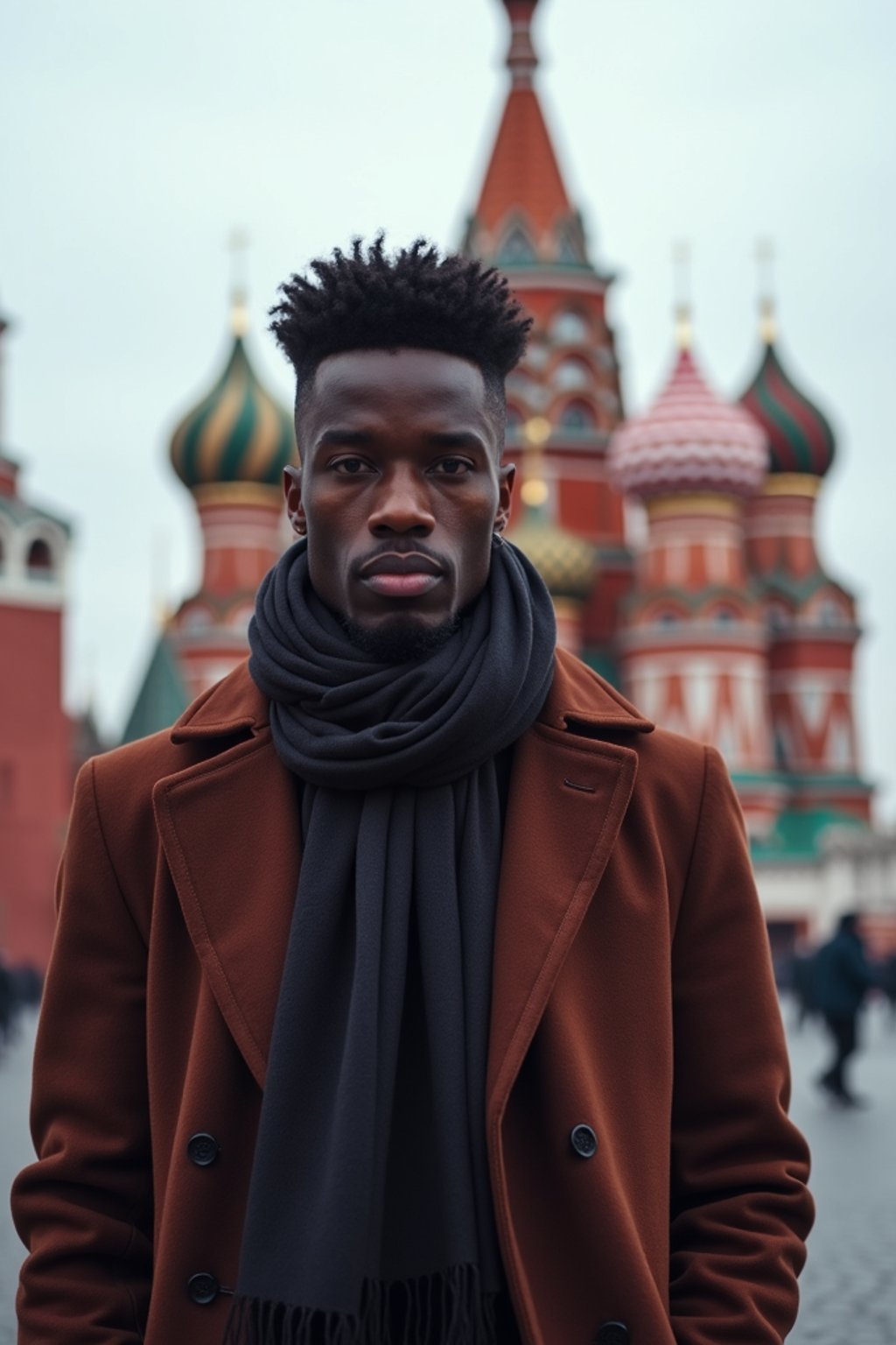 sharp and trendy man in Moscow wearing a stylish coat and scarf, Saint Basil's Cathedral in the background