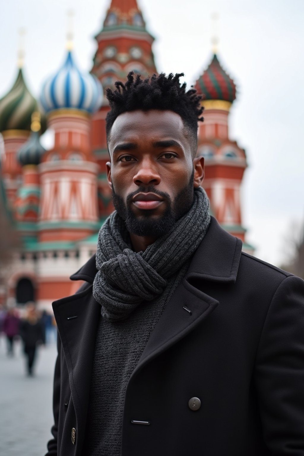 sharp and trendy man in Moscow wearing a stylish coat and scarf, Saint Basil's Cathedral in the background