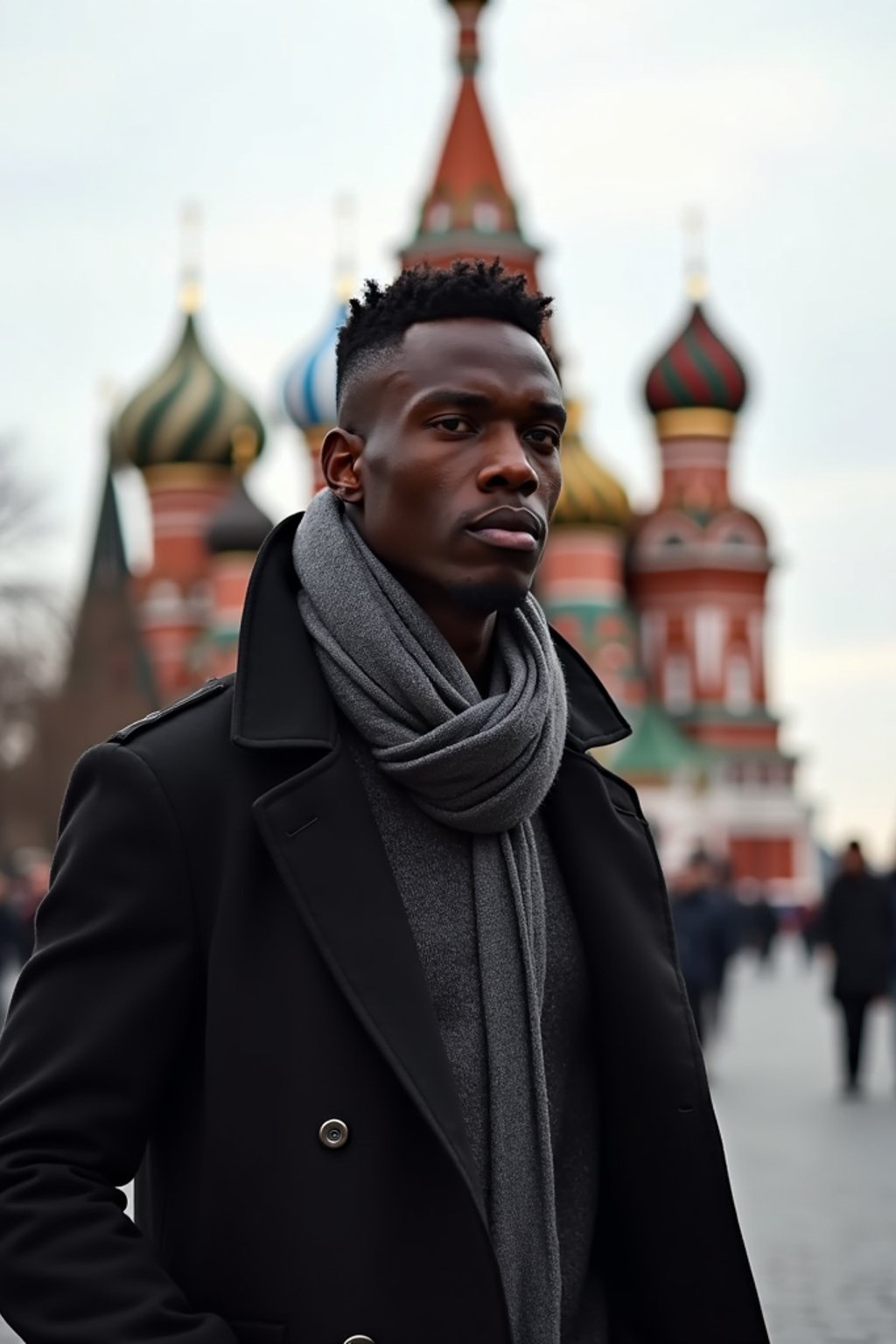 sharp and trendy man in Moscow wearing a stylish coat and scarf, Saint Basil's Cathedral in the background