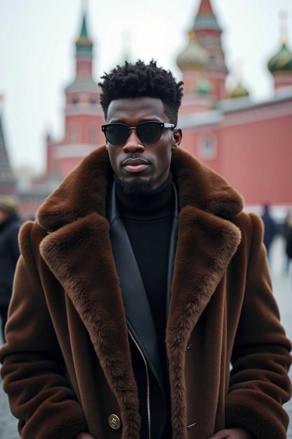 sharp and trendy man in Moscow wearing a faux fur coat, Kremlin in the background