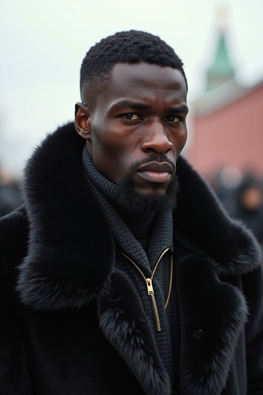 sharp and trendy man in Moscow wearing a faux fur coat, Kremlin in the background