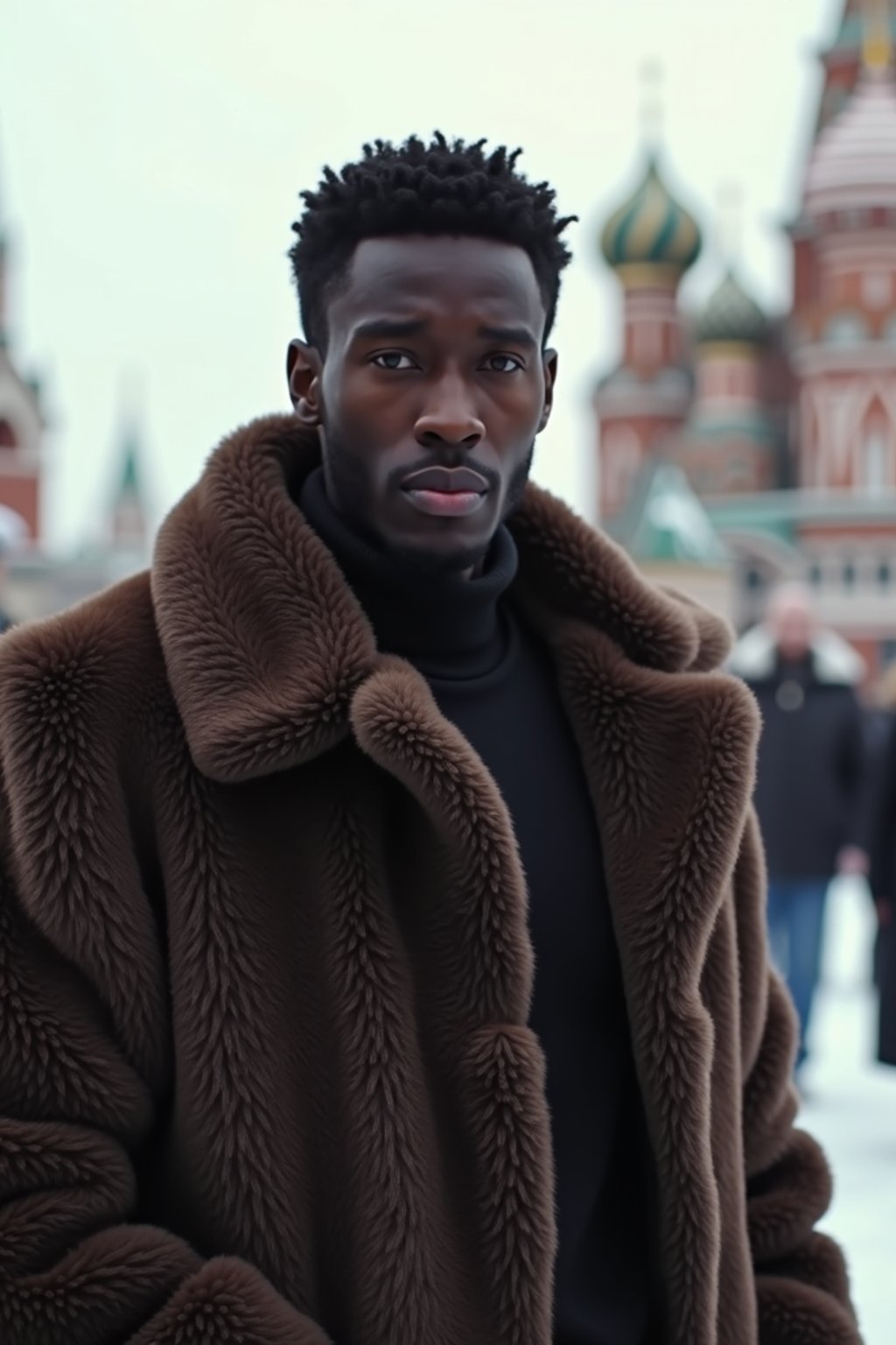 sharp and trendy man in Moscow wearing a faux fur coat, Kremlin in the background