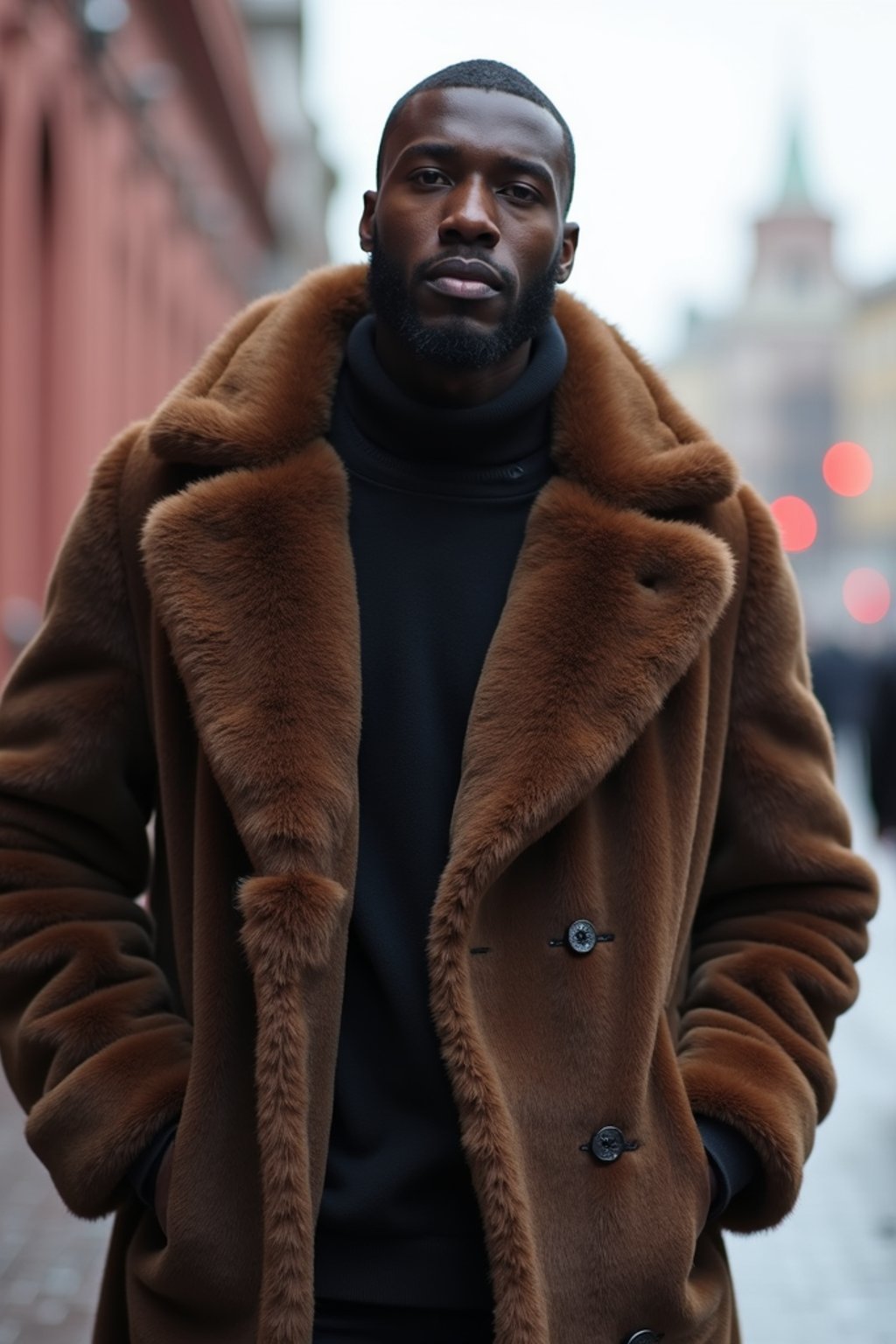 sharp and trendy man in Moscow wearing a faux fur coat, Kremlin in the background