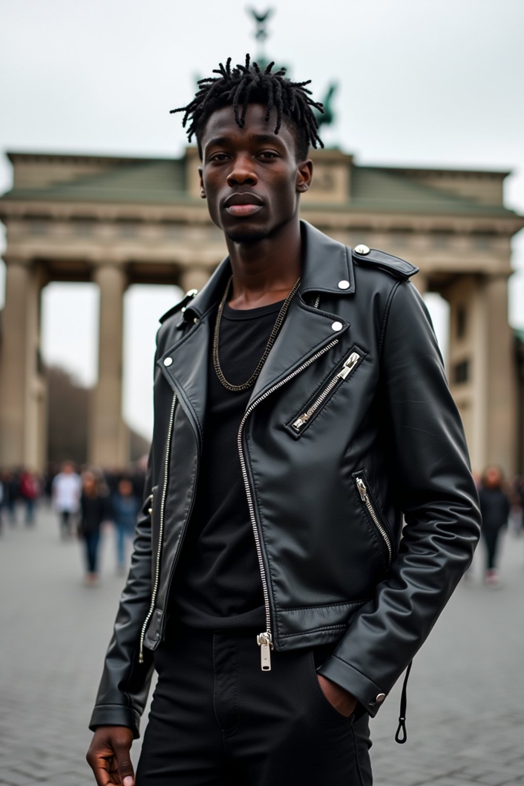 sharp and trendy man in Berlin wearing a punk-inspired outfit, Brandenburg Gate in the background