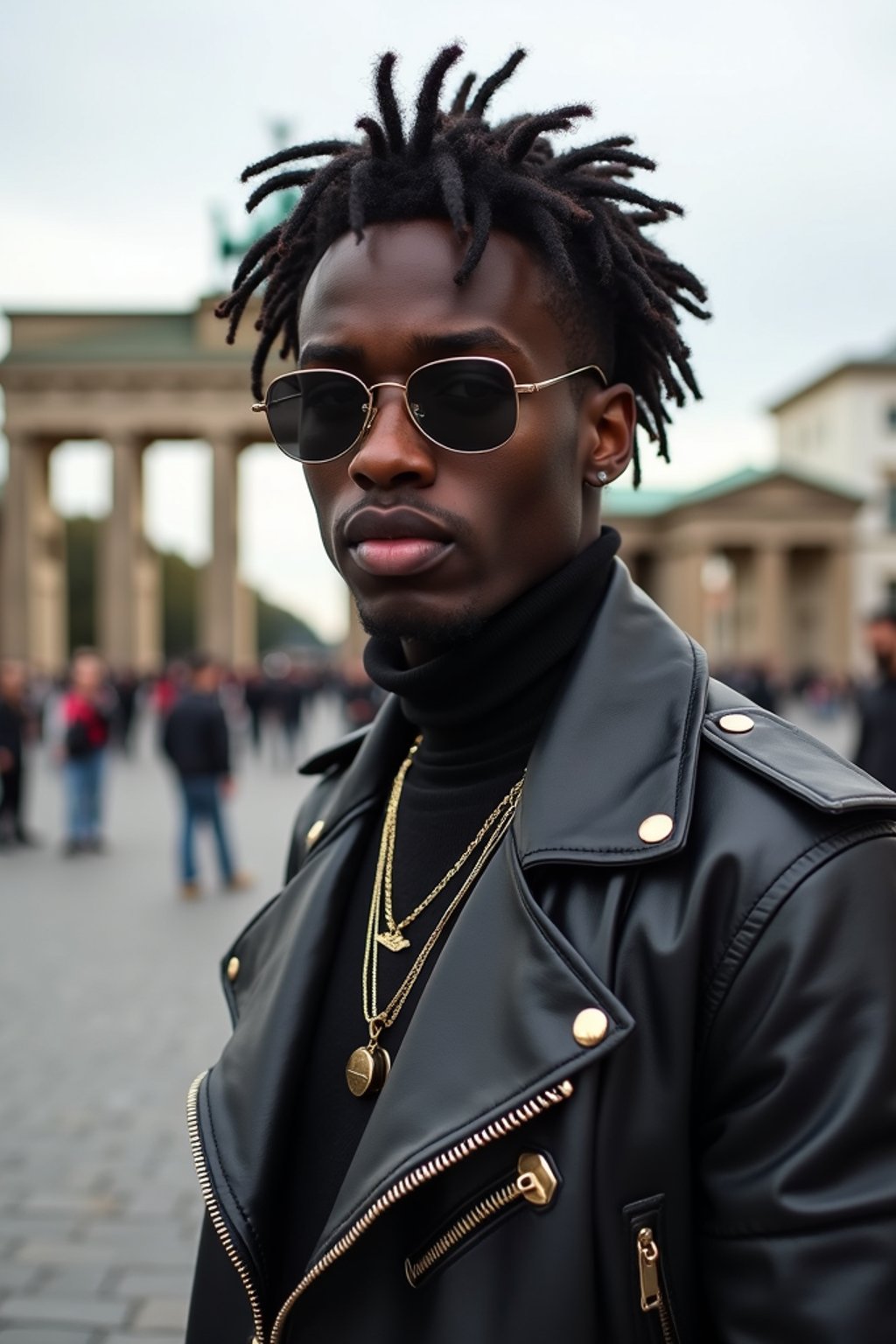 sharp and trendy man in Berlin wearing a punk-inspired outfit, Brandenburg Gate in the background