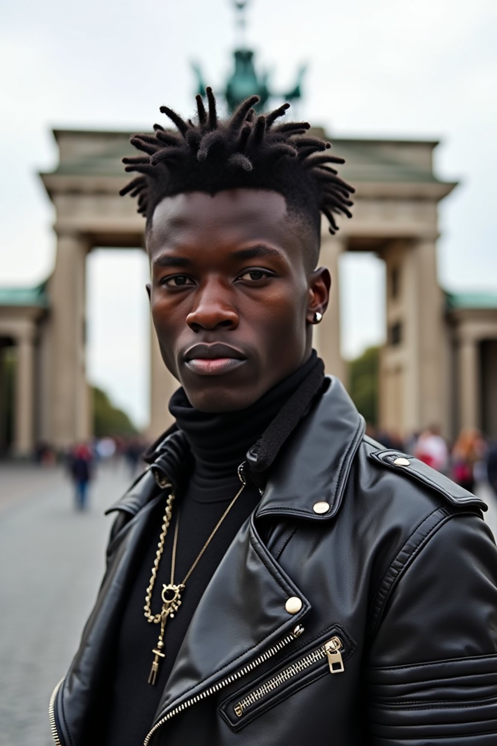 sharp and trendy man in Berlin wearing a punk-inspired outfit, Brandenburg Gate in the background