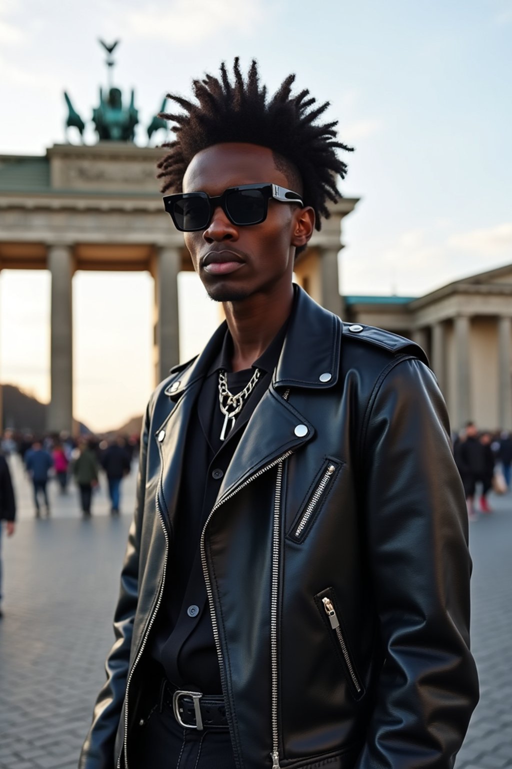 sharp and trendy man in Berlin wearing a punk-inspired outfit, Brandenburg Gate in the background