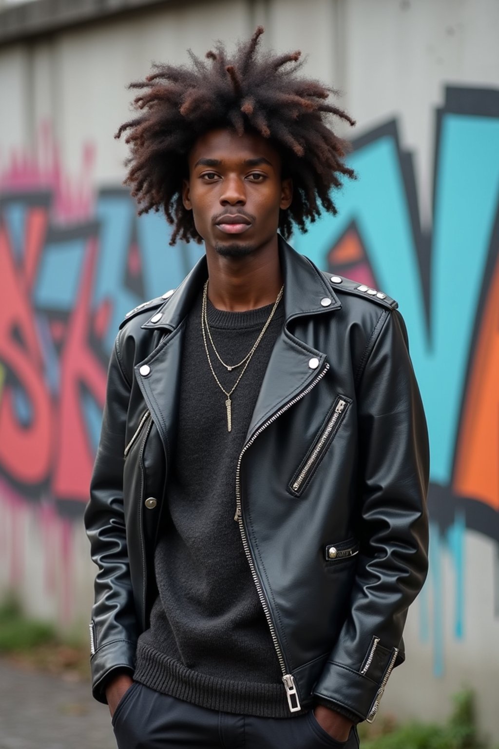 sharp and trendy man in Berlin wearing a grunge-inspired outfit, Berlin Wall in the background