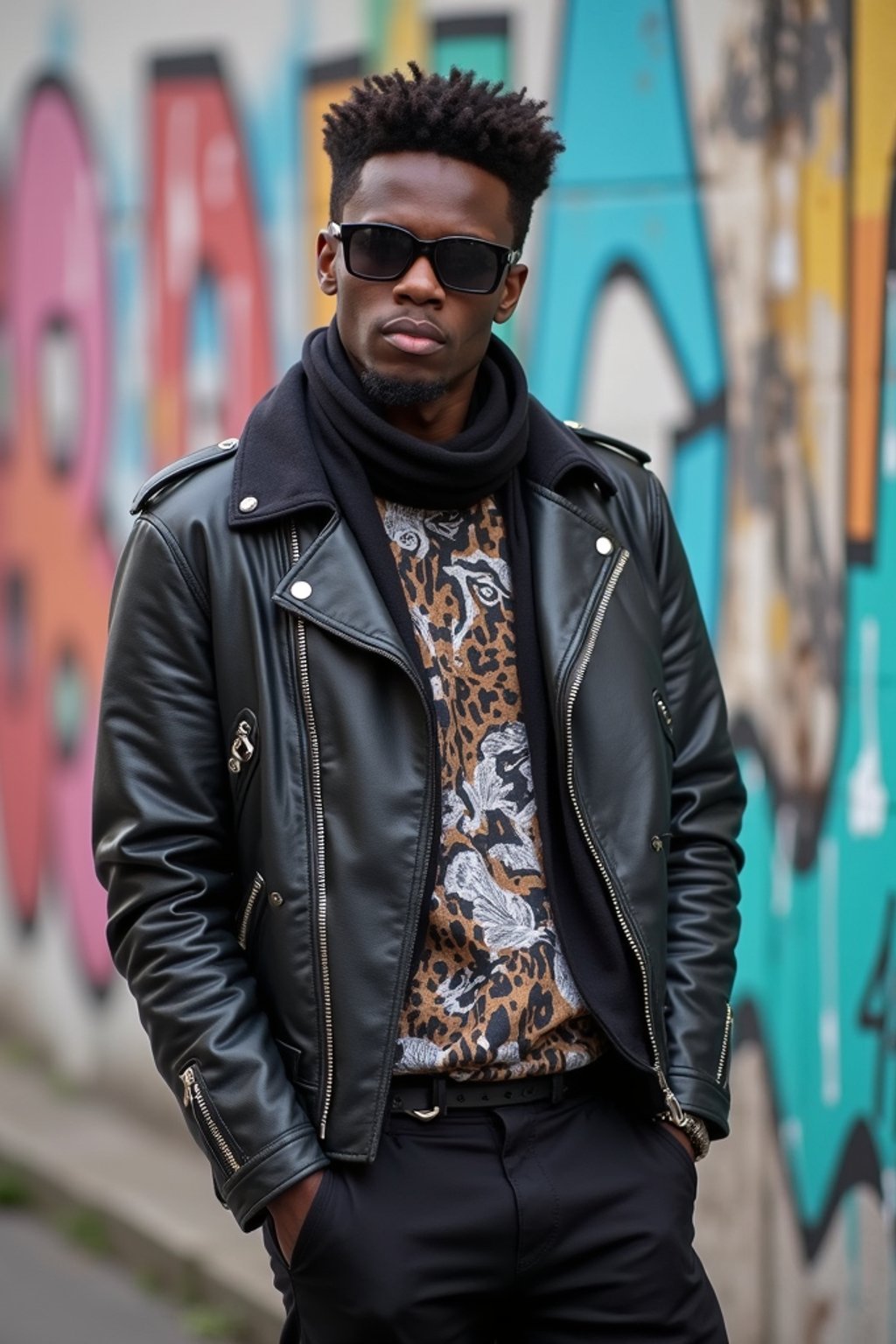 sharp and trendy man in Berlin wearing a grunge-inspired outfit, Berlin Wall in the background