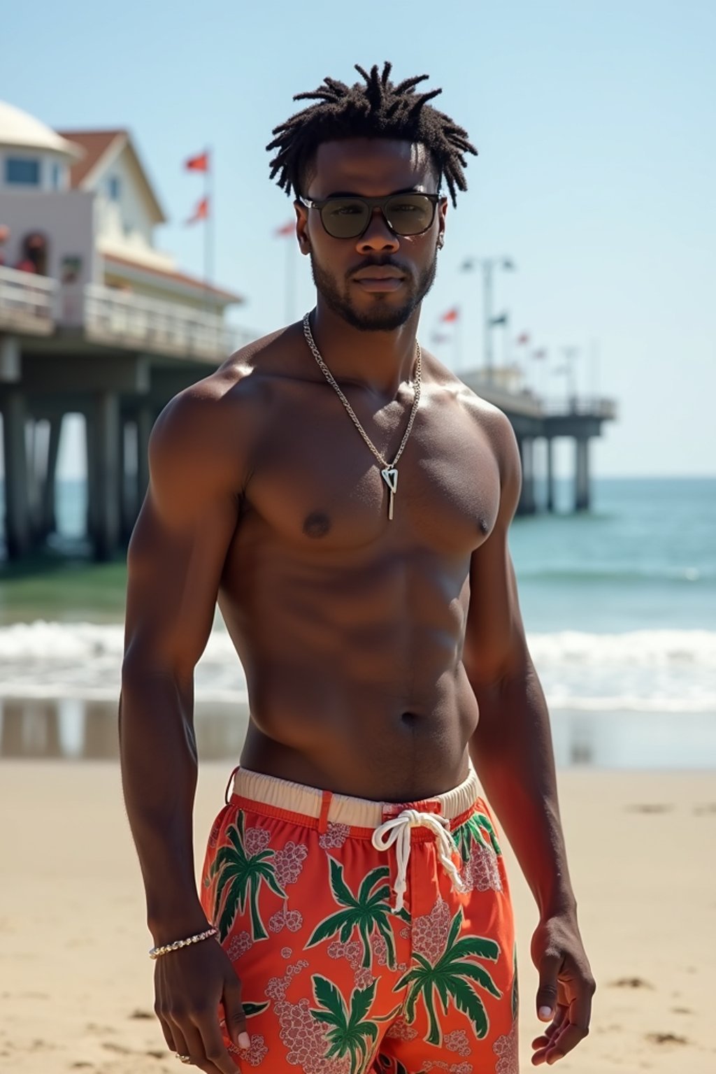 sharp and trendy man in Los Angeles wearing a trendy beach outfit, Santa Monica pier in the background