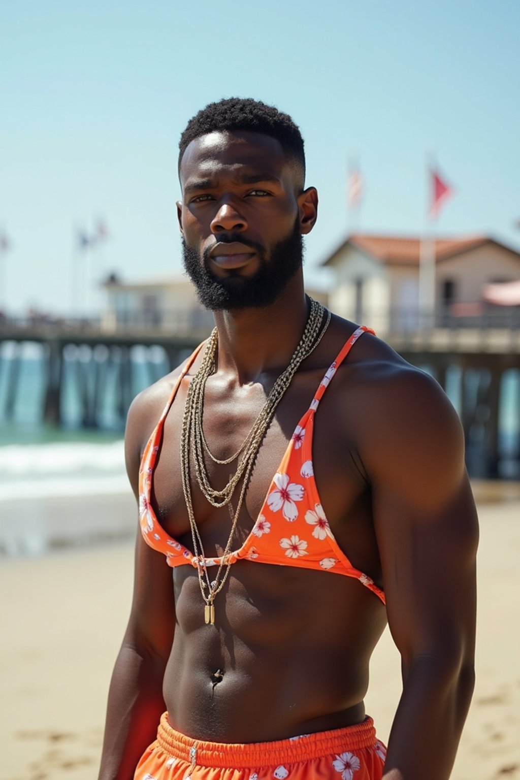 sharp and trendy man in Los Angeles wearing a trendy beach outfit, Santa Monica pier in the background