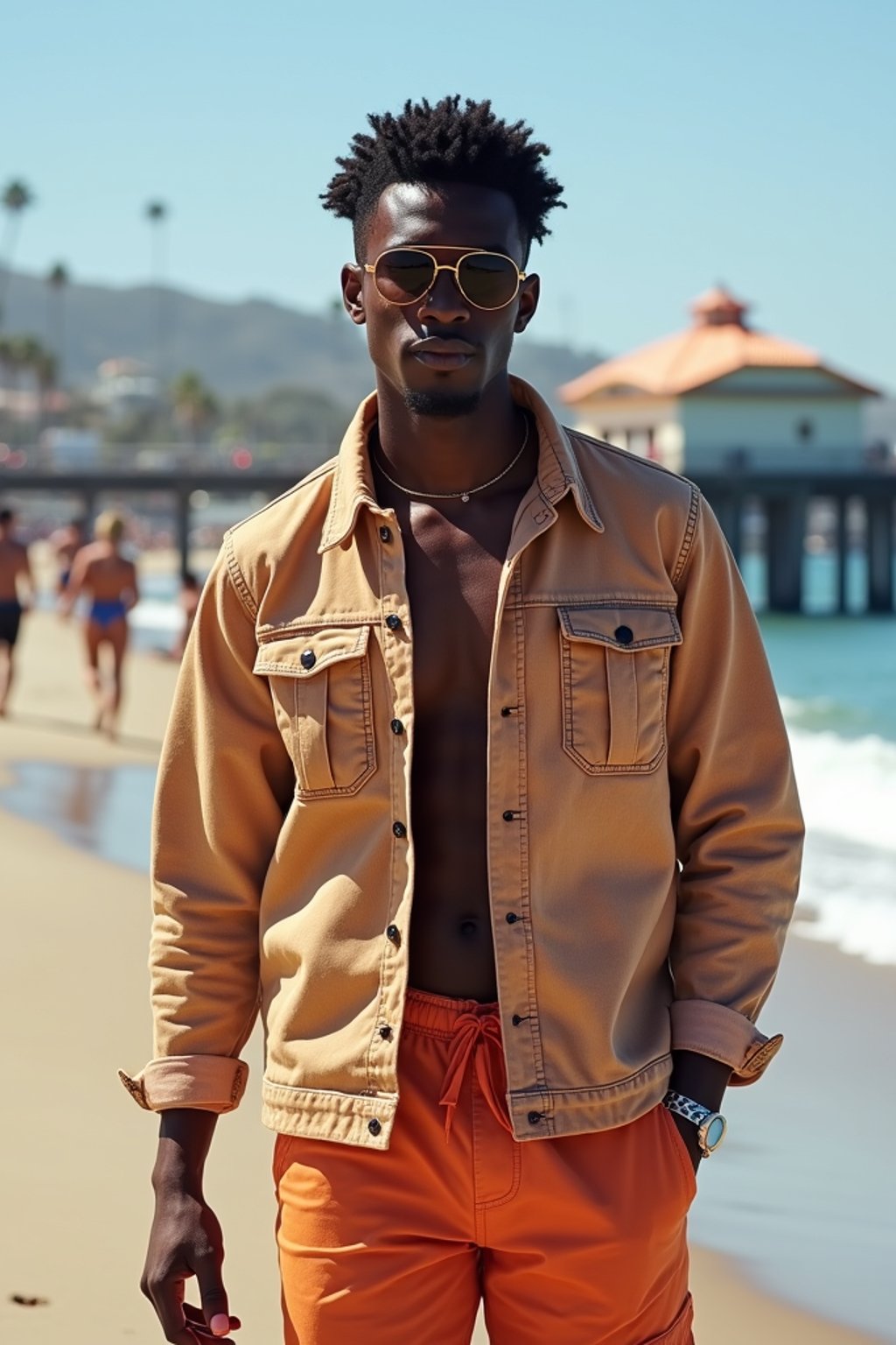 sharp and trendy man in Los Angeles wearing a trendy beach outfit, Santa Monica pier in the background