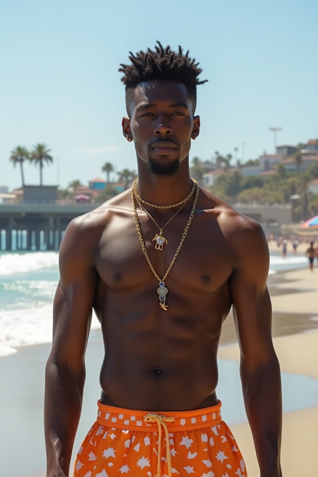 sharp and trendy man in Los Angeles wearing a trendy beach outfit, Santa Monica pier in the background