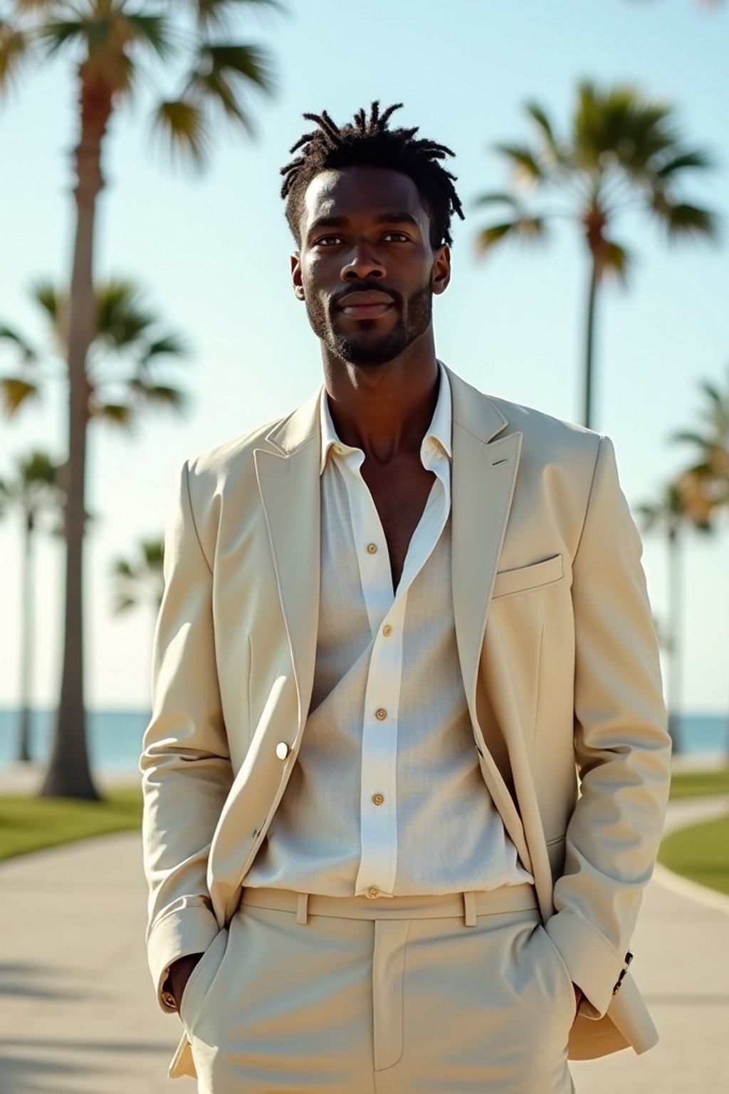 sharp and trendy man in Los Angeles wearing a summer dress/linen suit, palm trees in the background