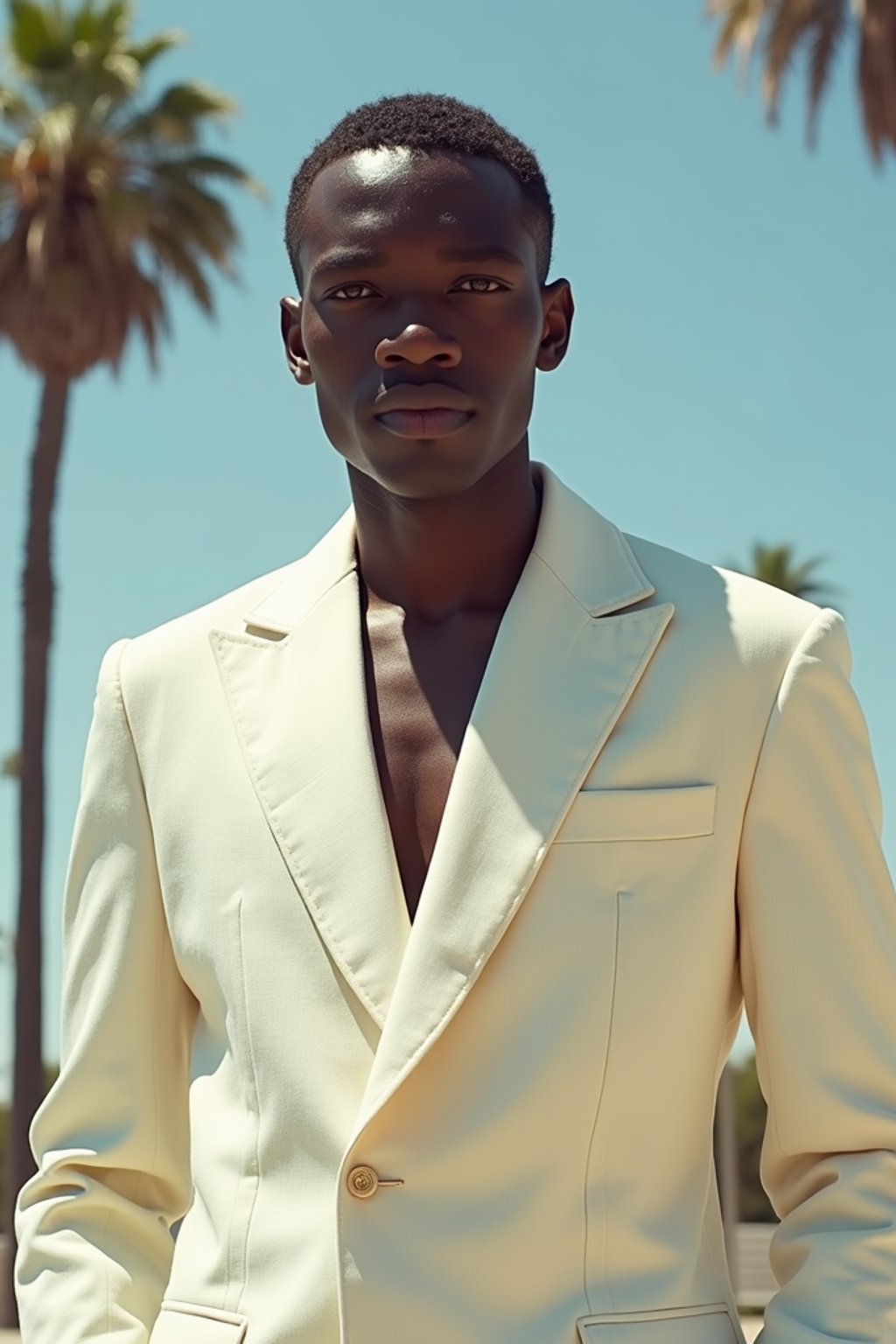 sharp and trendy man in Los Angeles wearing a summer dress/linen suit, palm trees in the background